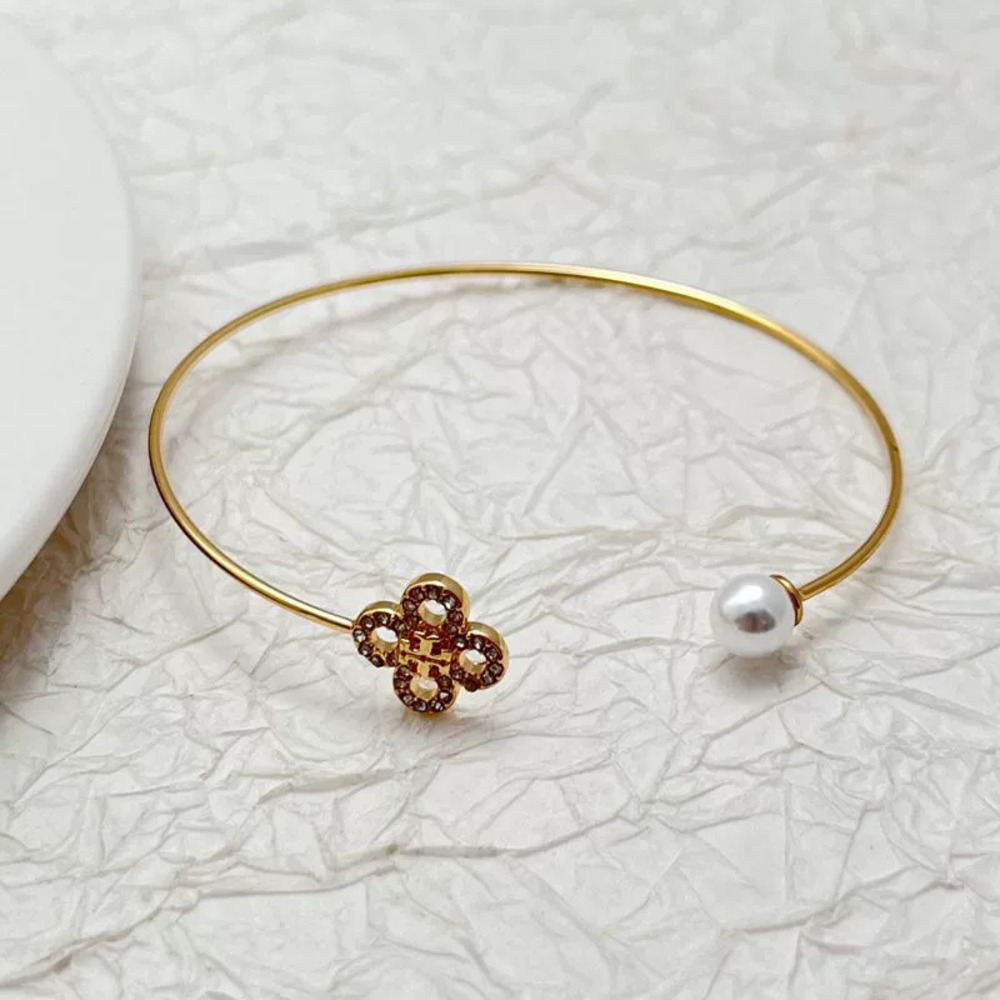 Tory Burch Gold Plated Double Bangle Pearl Four Leaf Clover Rhinestone Open